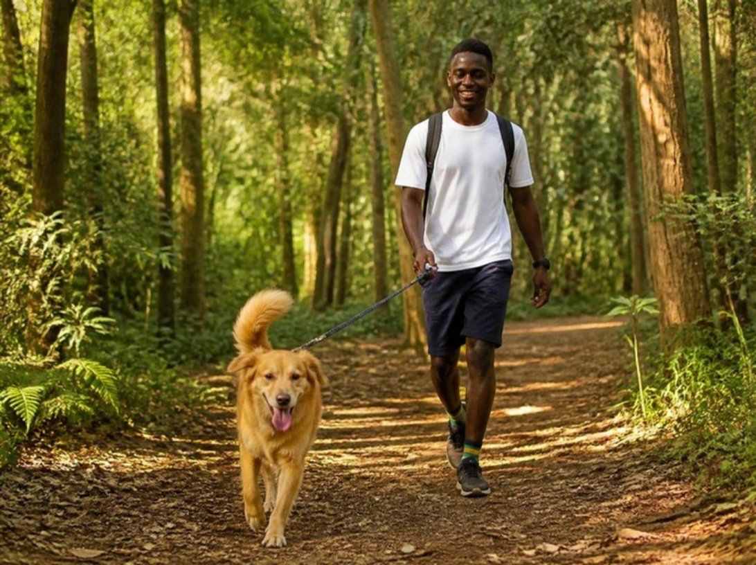 A young man walking his golden dog on a forest trail