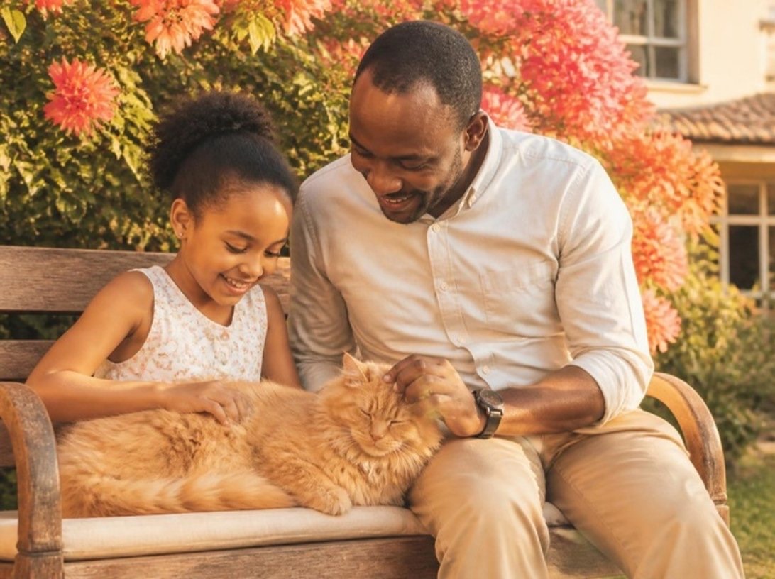 A father and daughter with their ginger cat in the garden