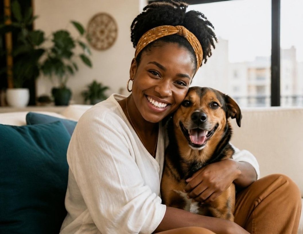 A smiling woman hugging her dog on the sofa at home