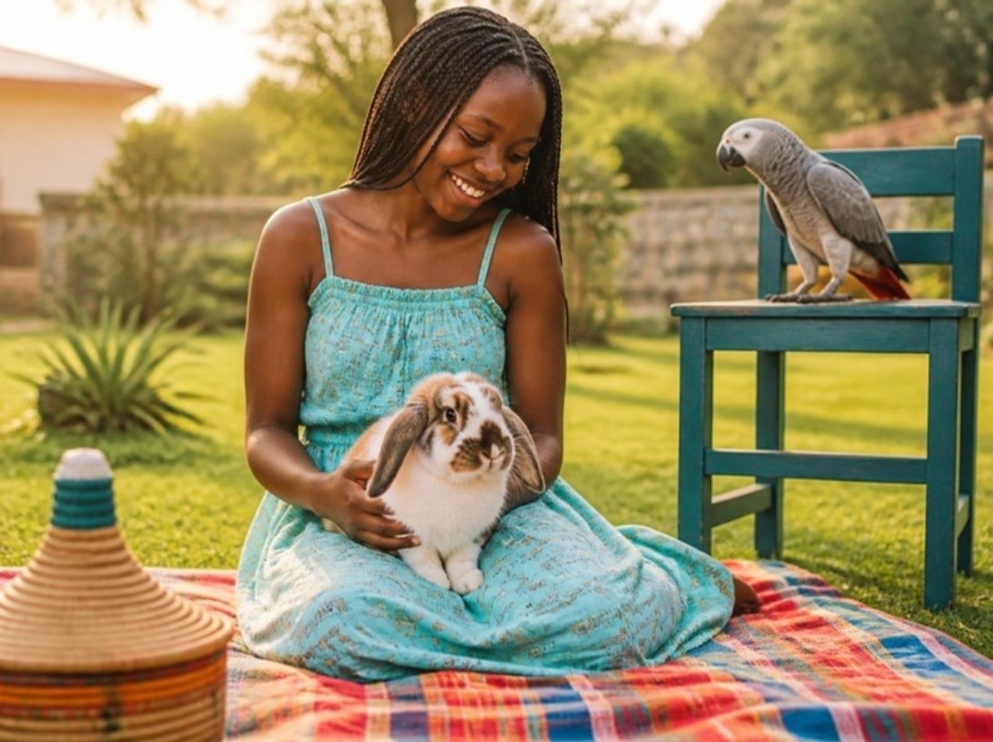 A girl on a picnic blanket holding her lop-eared rabbit, with an African grey parrot on a chair beside her