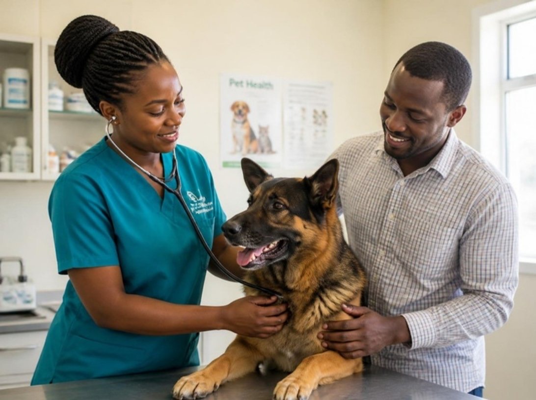 A vet examining a German Shepherd with its parent